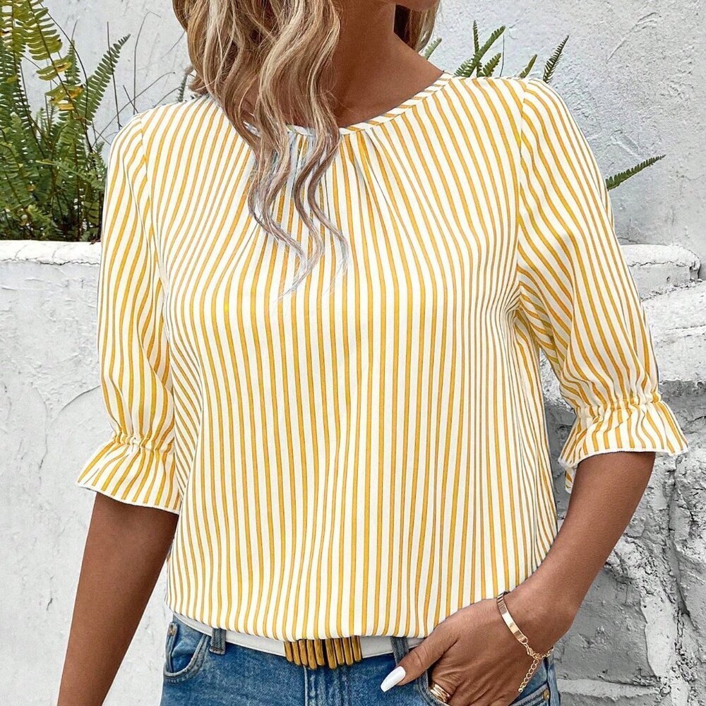 Yellow Casual Women's Striped Button Back Detail Shirt - Picture 4 of 5